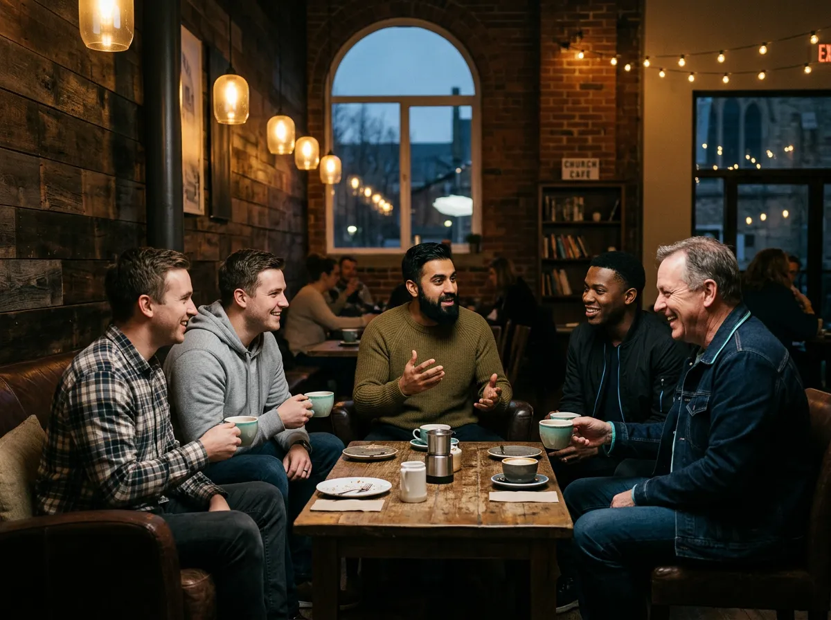 Men gathering around coffee and brotherhood discussion