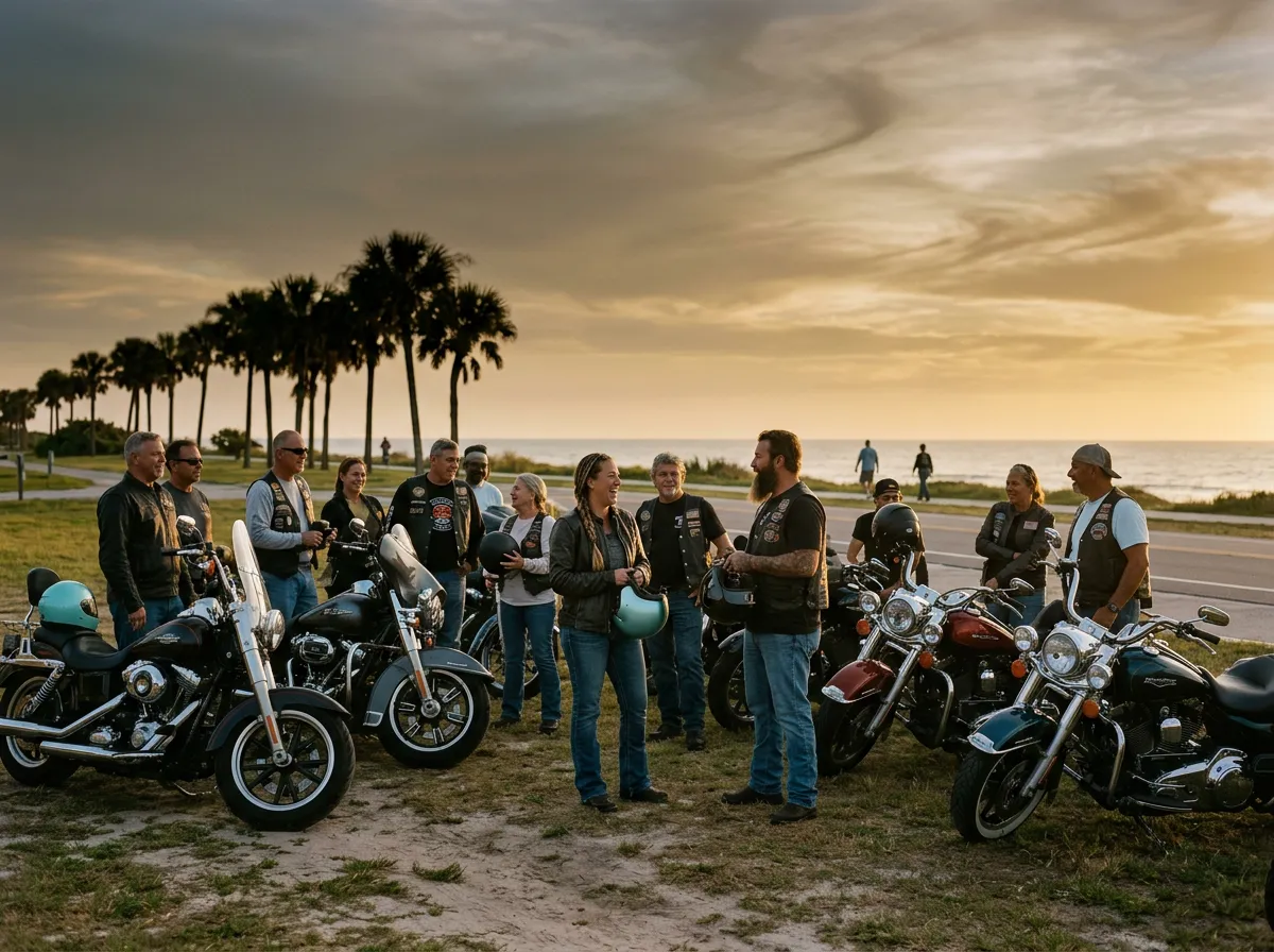 Motorcycle rider community in fellowship under open Florida sky