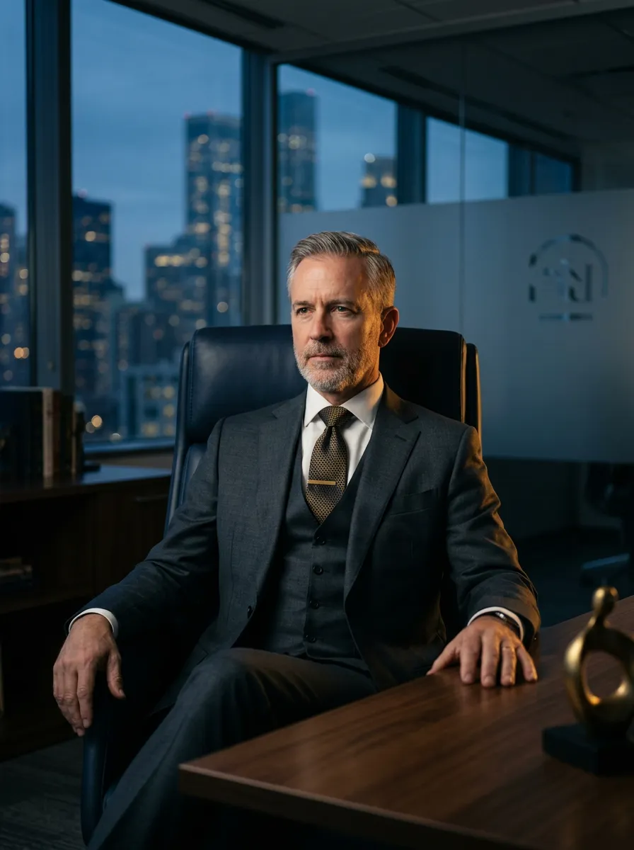 Sophisticated executive business owner in high-end private office overlooking skyline