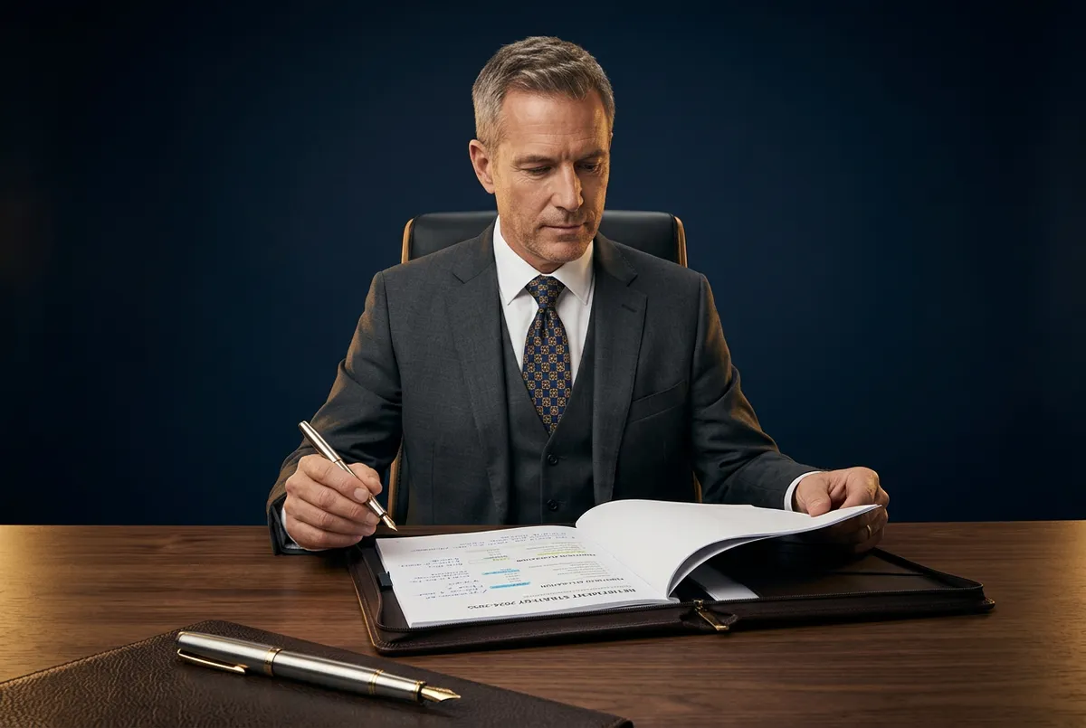 Executive analyzing portfolio growth data in a modern private wealth advisory office