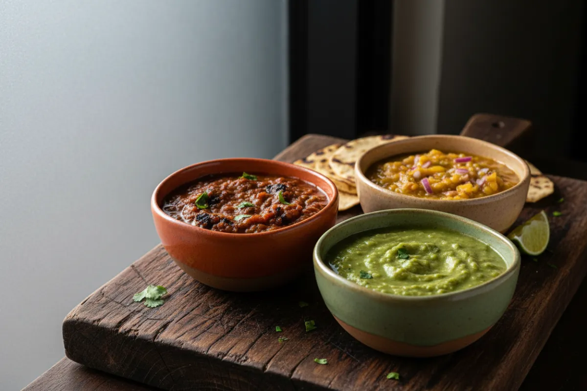 House-made salsa trio in ceramic bowls on rustic wood.