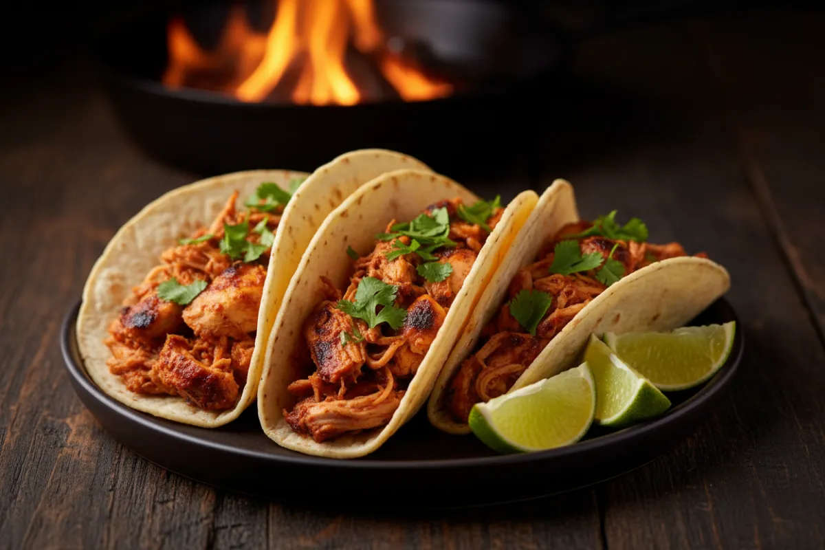 Vibrant plate of FireSkillet Tacos with cilantro and lime.