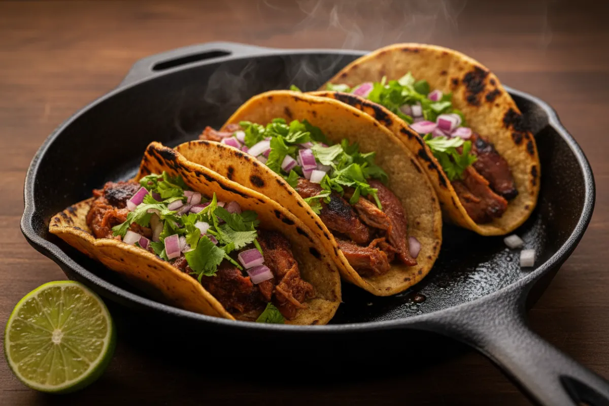 Close-up of a skillet of bright, sizzling tacos with charred corn tortillas, cilantro, and a lime wedge.