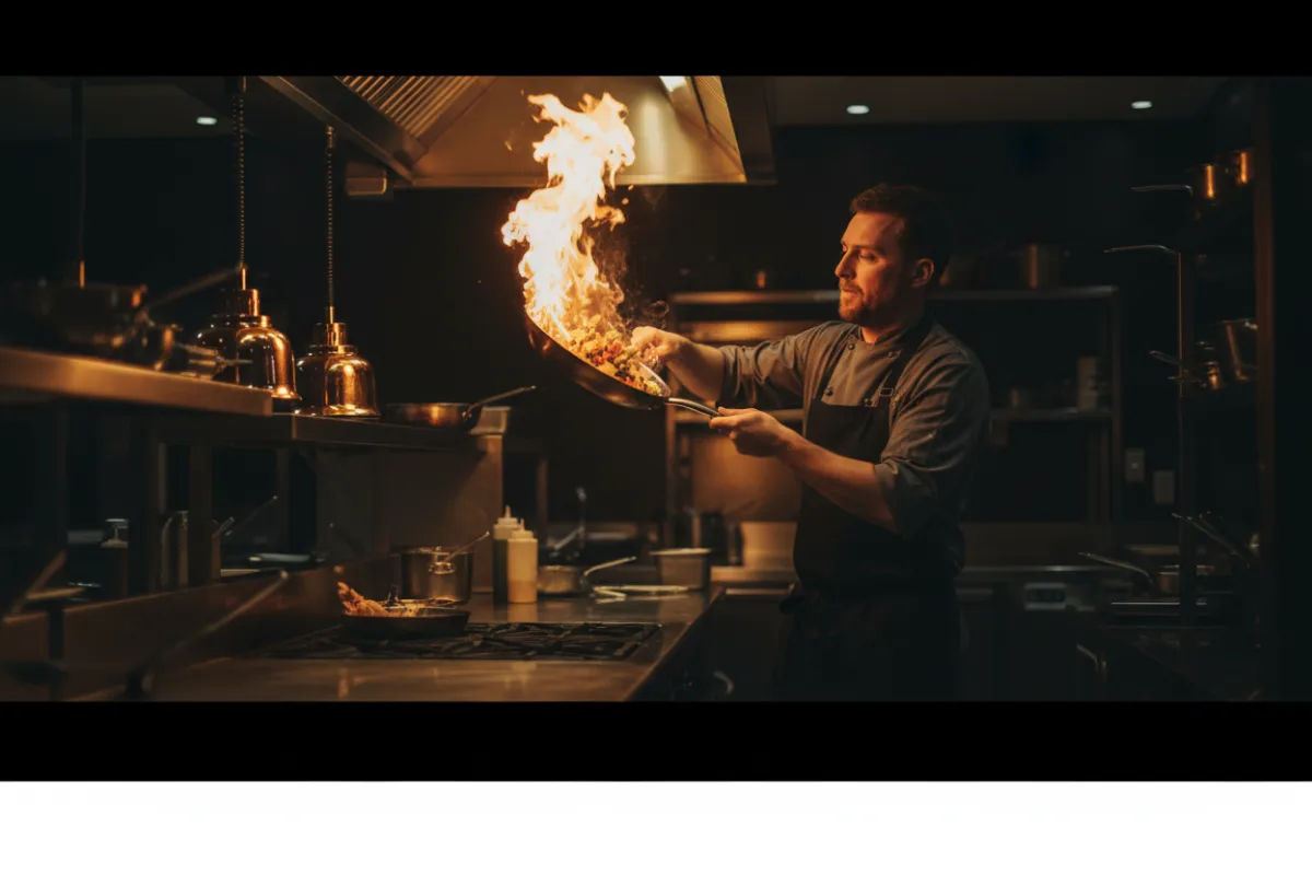 Cinematic shot of the Solély Mexican Kitchen with a chef flipping a sizzling skillet in warm tungsten lighting.