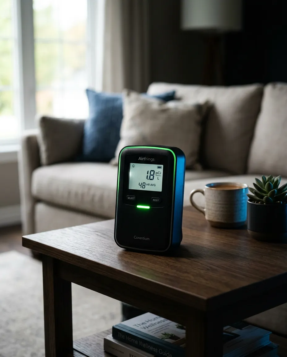 Continuous digital radon monitor conducting a 48-hour EPA protocol test in a residential home interior