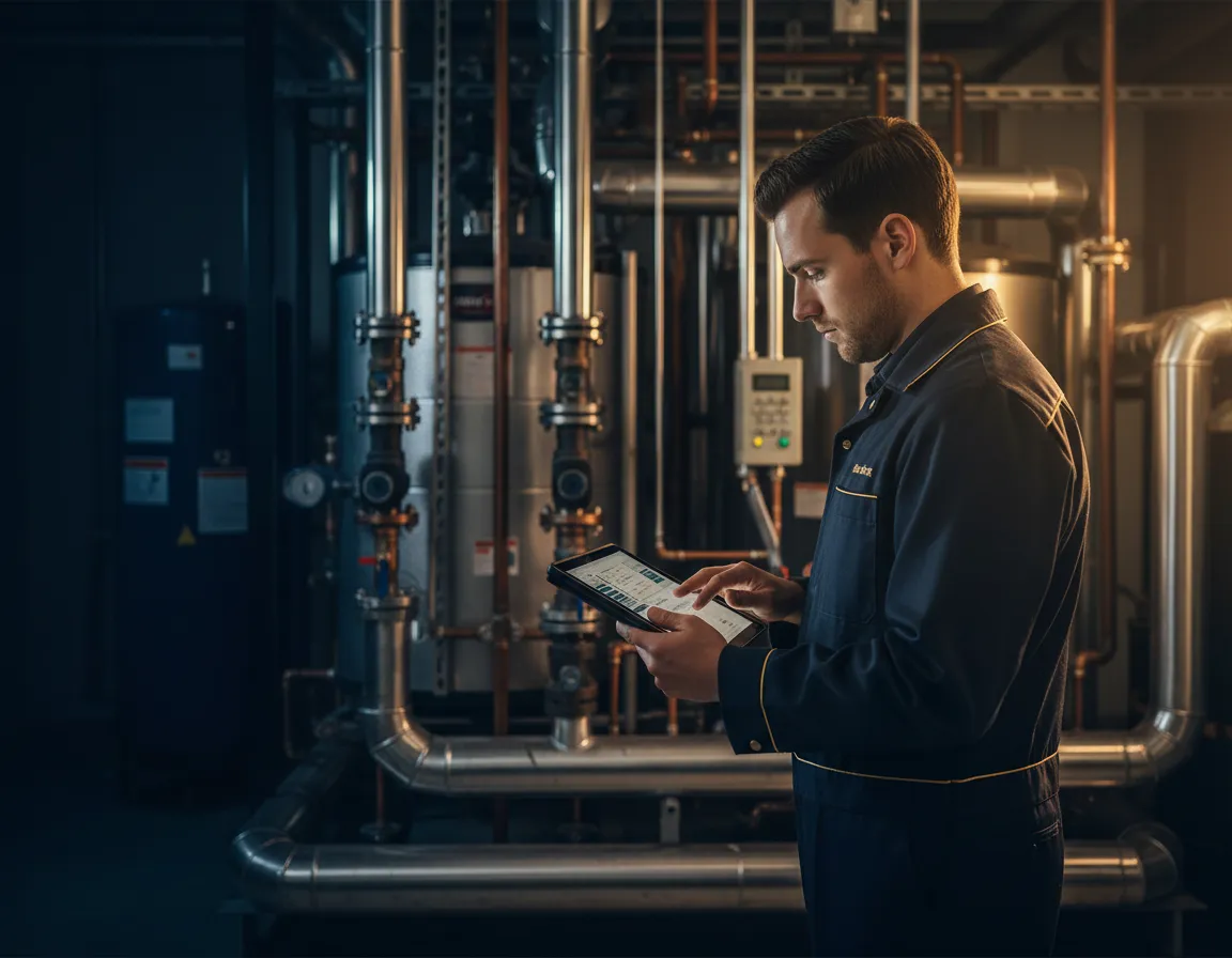Commercial plumbing technician using a diagnostic tablet on a large water heating system