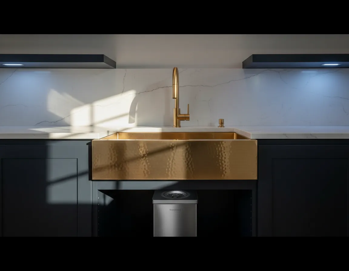 Pristine residential kitchen featuring a high-end sink and garbage disposal installation