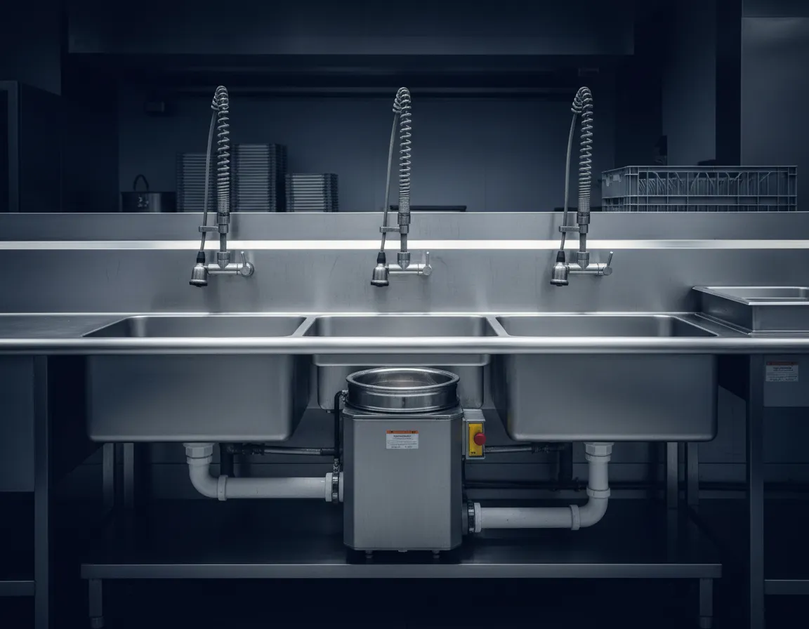 Professional commercial kitchen stainless steel setup with heavy duty disposal