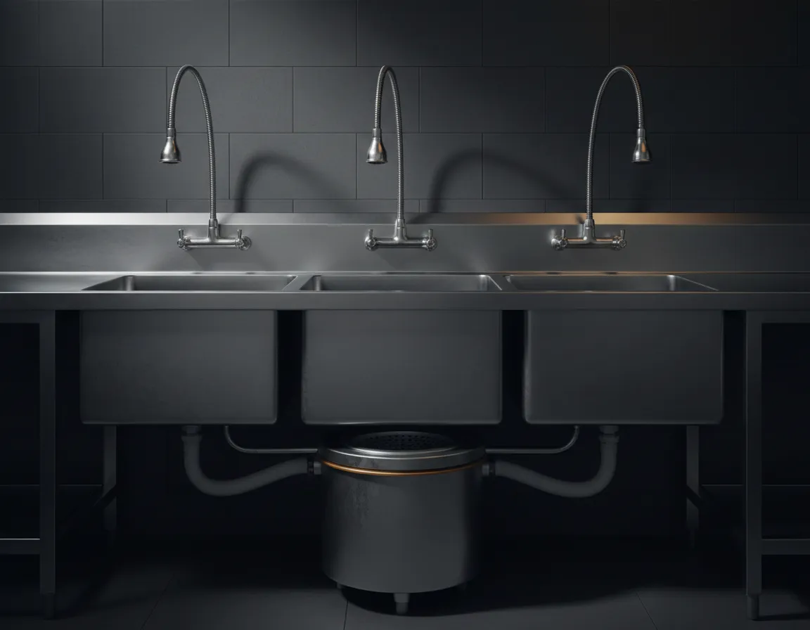 Professional commercial kitchen stainless steel setup with heavy duty disposal