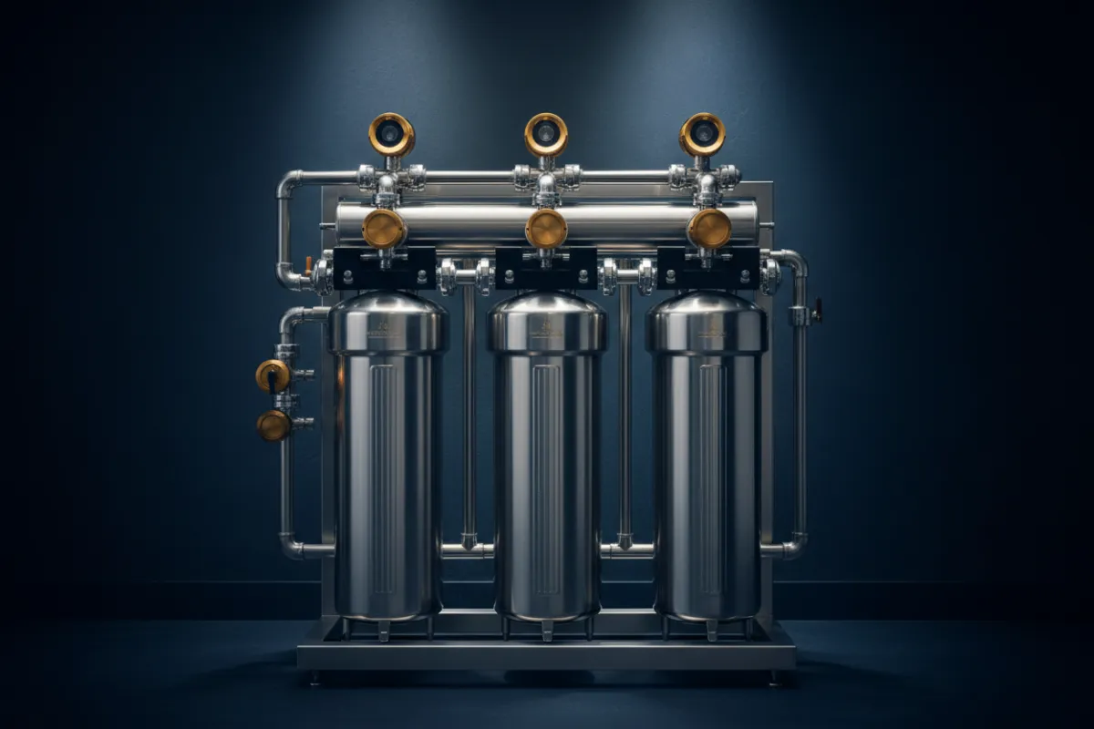 Commercial grade large-scale water filtration setup in a restaurant