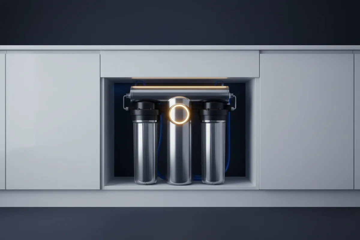 Sleek under-sink reverse osmosis residential water filtration system