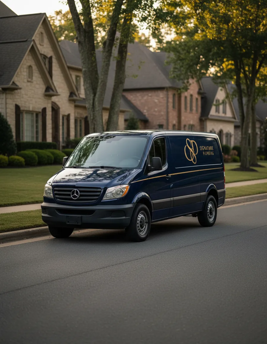 Signature Plumbing branded van arriving at a premium Ooltewah home