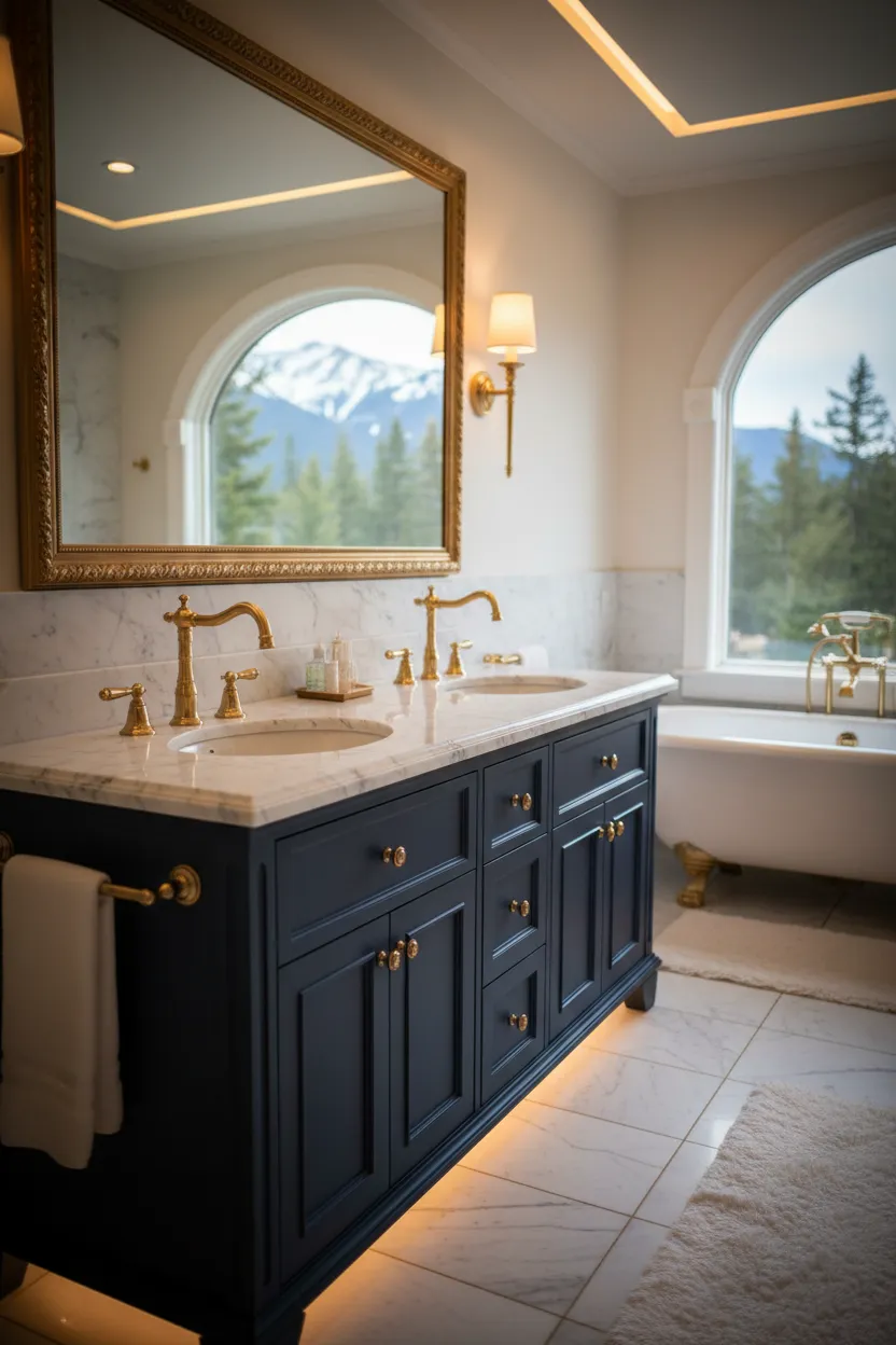 Premium bathroom showing elegant, high-end plumbing fixtures with a subtle darkening overlay