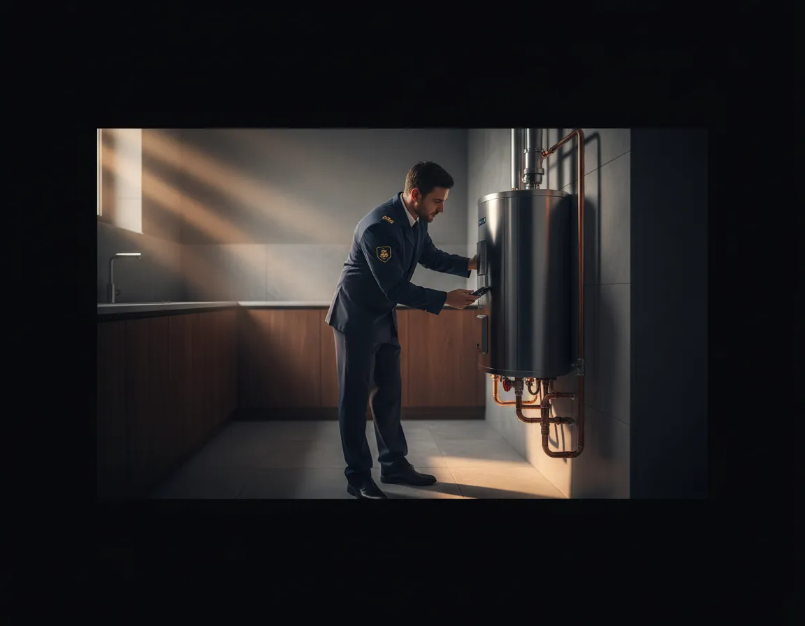 Plumber inspecting a residential water heater