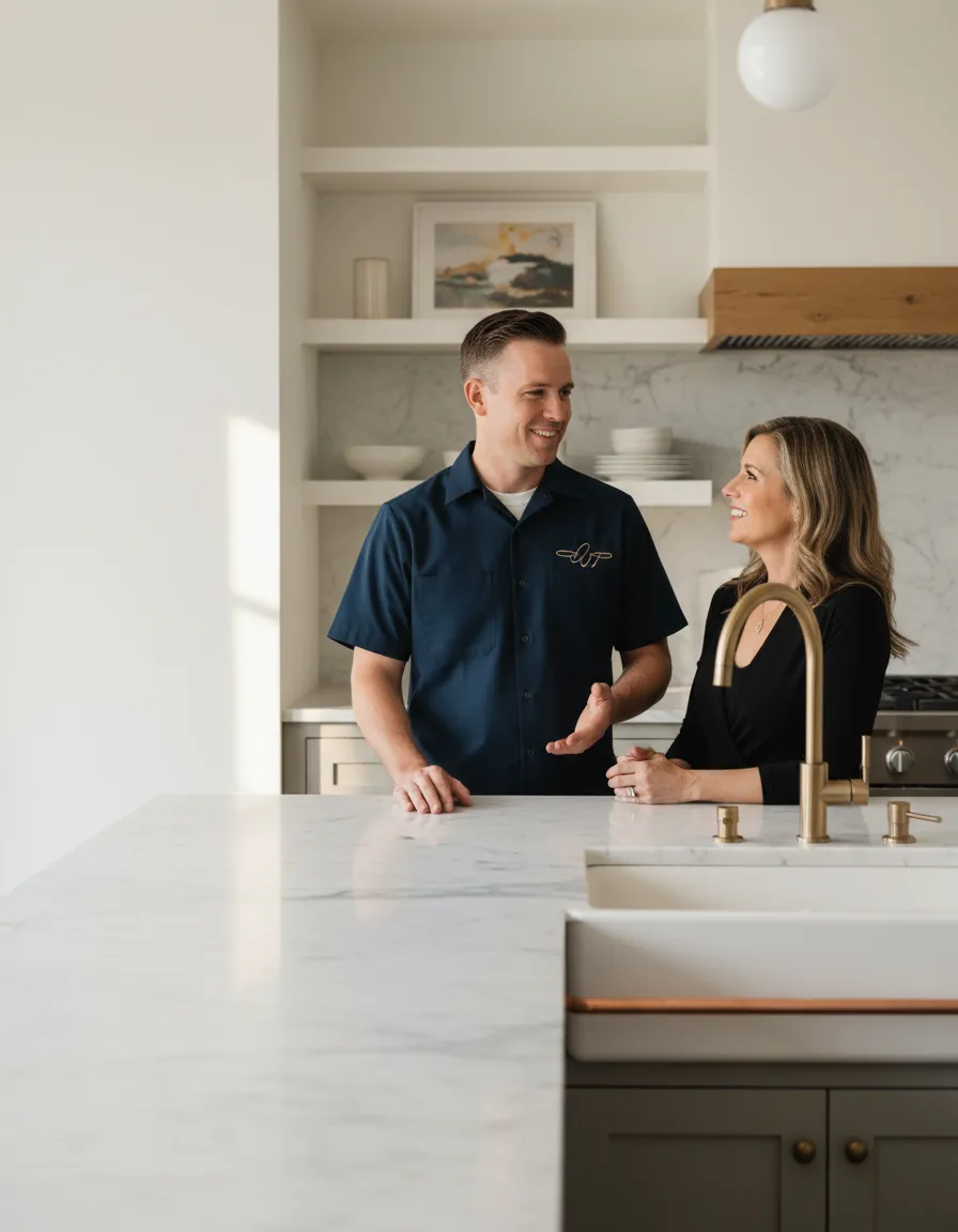 Professional Signature Plumbing technician interacting warmly with a Chattanooga homeowner