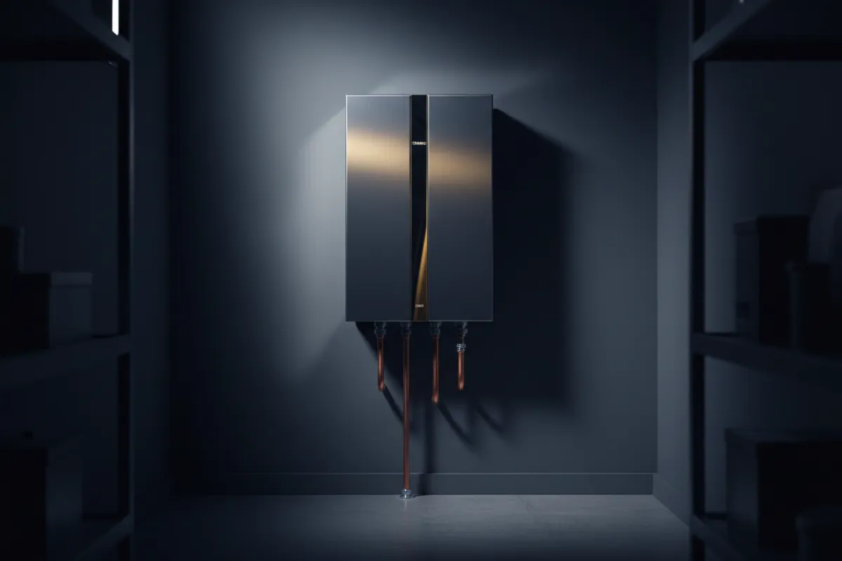 Crisp, high-contrast wall-mounted tankless unit expertly installed