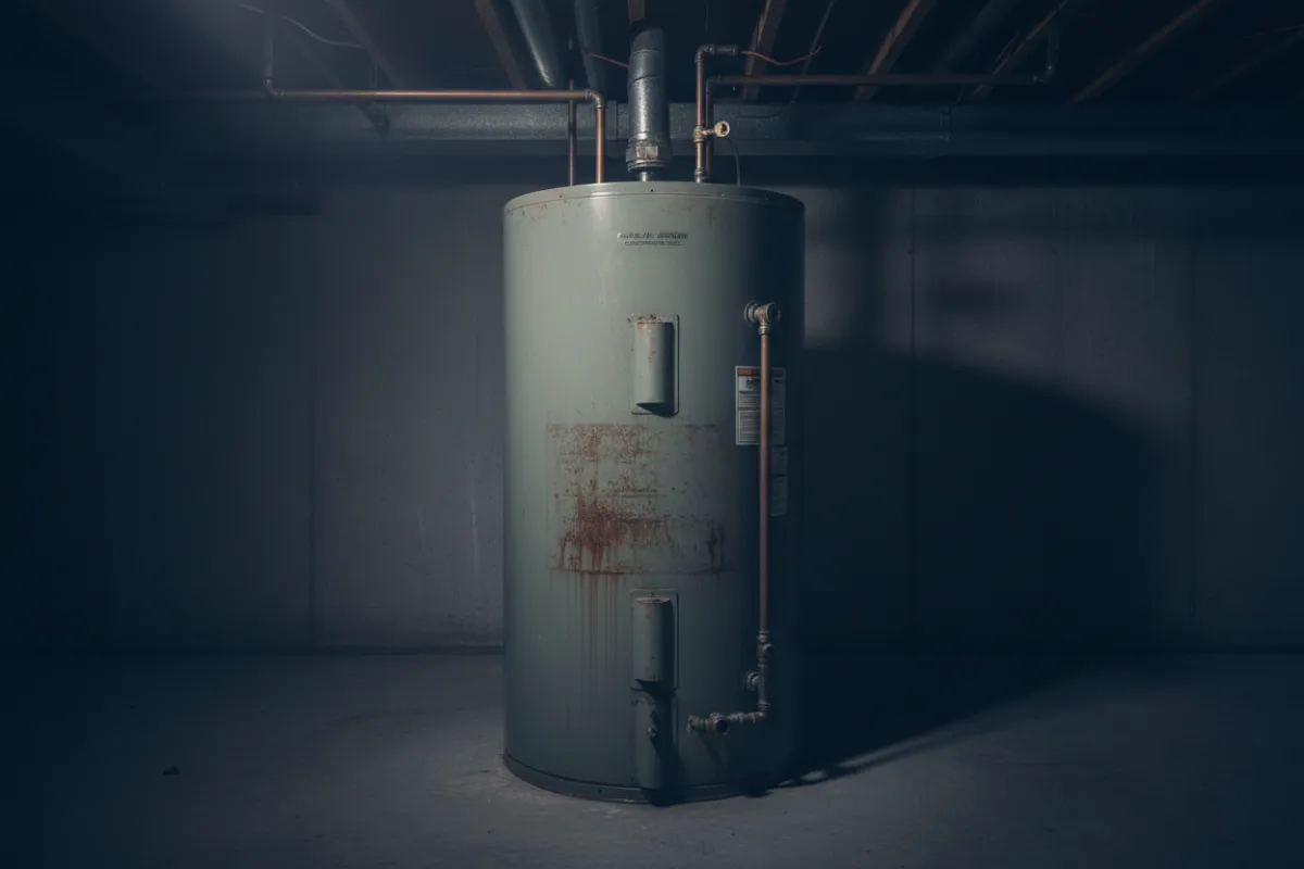 Faded, bulky traditional tank water heater taking up space