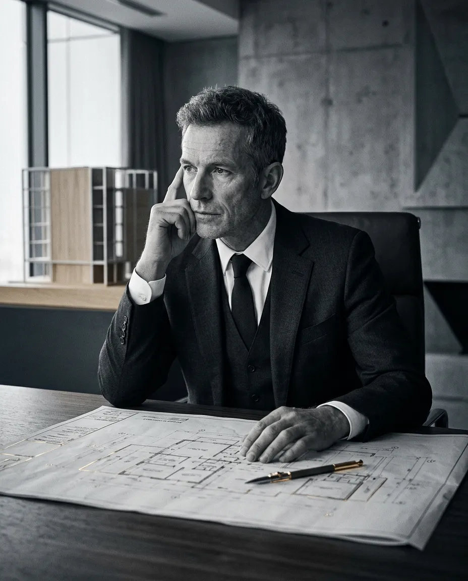 Desaturated black and white portrait of a corporate executive in deep thought reviewing complex business architecture