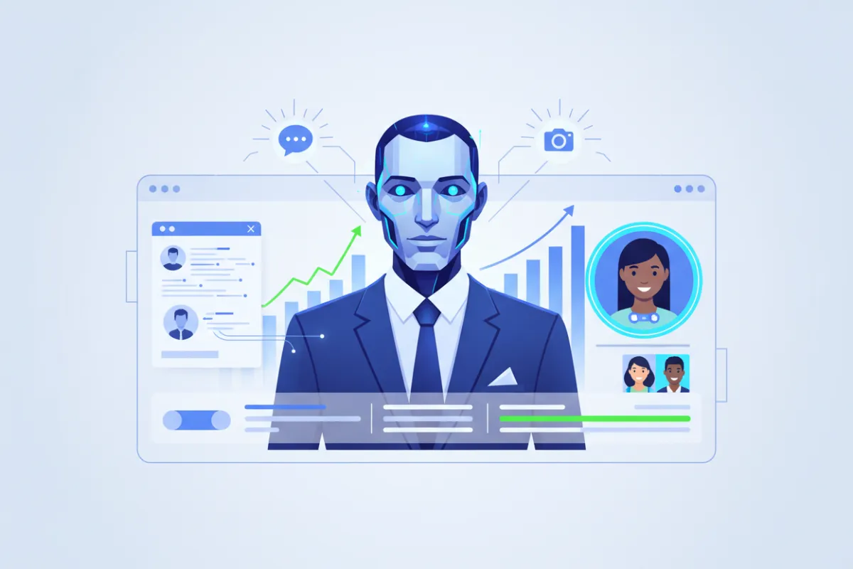 Modern illustration of Stan, an AI sales associate, interacting with customers via chat and video calls in a digital sales dashboard.