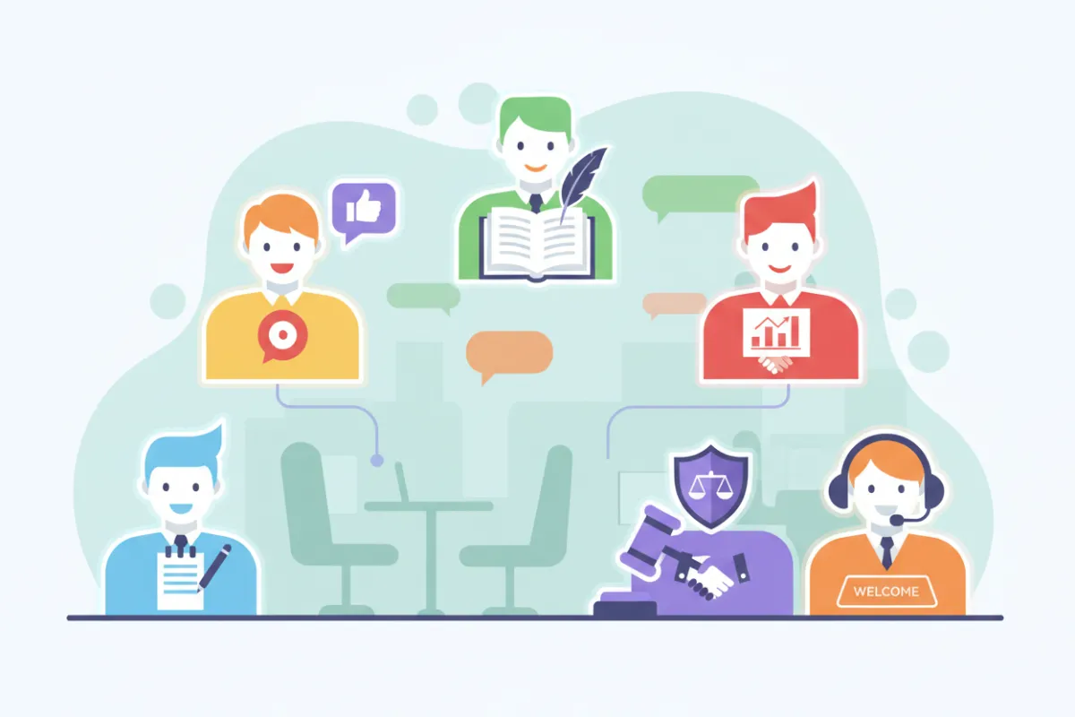 Six distinct AI avatars representing business functions: secretary, social media, writing, sales, legal, and reception, arranged in a semi-circle.