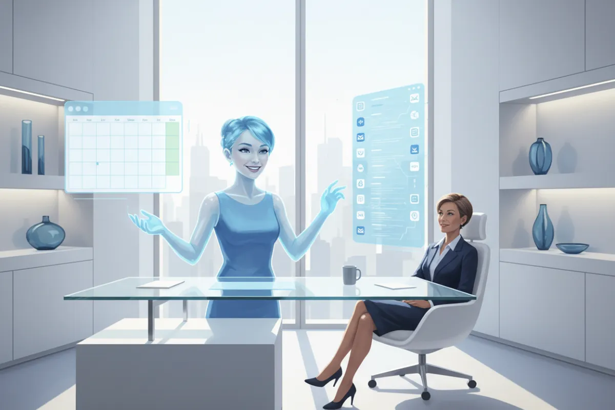 Digital illustration of Eva, an AI secretary avatar, managing a digital calendar and emails for a business owner in a bright office.