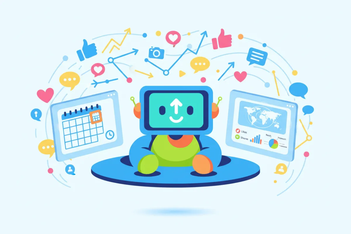 Vector illustration of Sonny, an AI social media manager, scheduling posts and analyzing engagement data on multiple screens.