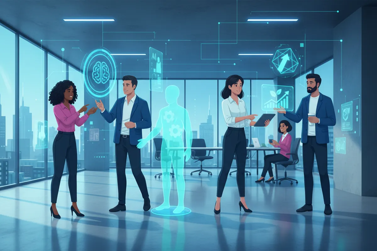 A vibrant digital illustration showing a diverse group of small business owners in a modern office, interacting with holographic AI assistants. The scene is dynamic, with blue and teal accents, conveying innovation and collaboration. Each AI agent is represented by a unique glowing icon, emphasizing advanced technology and approachability.