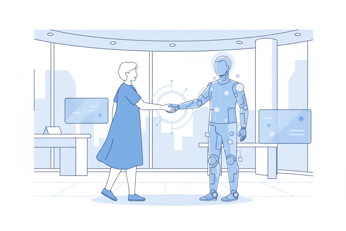 A minimalist illustration showing a small business owner shaking hands with a futuristic AI avatar in a bright, open workspace. The scene uses clean lines and a blue-white palette, symbolizing partnership, trust, and technological advancement.