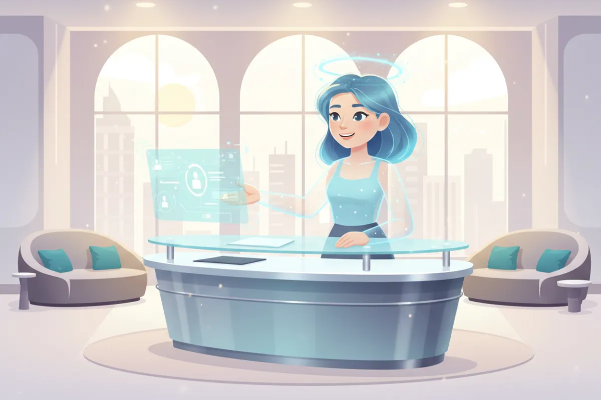 A friendly illustration of Rachel, an AI receptionist avatar, welcoming clients and managing appointments at a digital front desk. The background features a modern lobby with soft blue and teal accents, radiating warmth and professionalism.