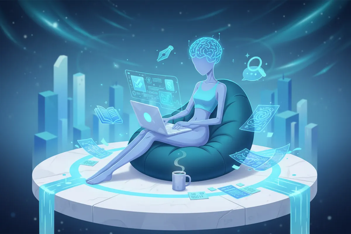 Stylized illustration of Penny, an AI writer, composing blog posts on a laptop surrounded by creative notes and digital content icons.