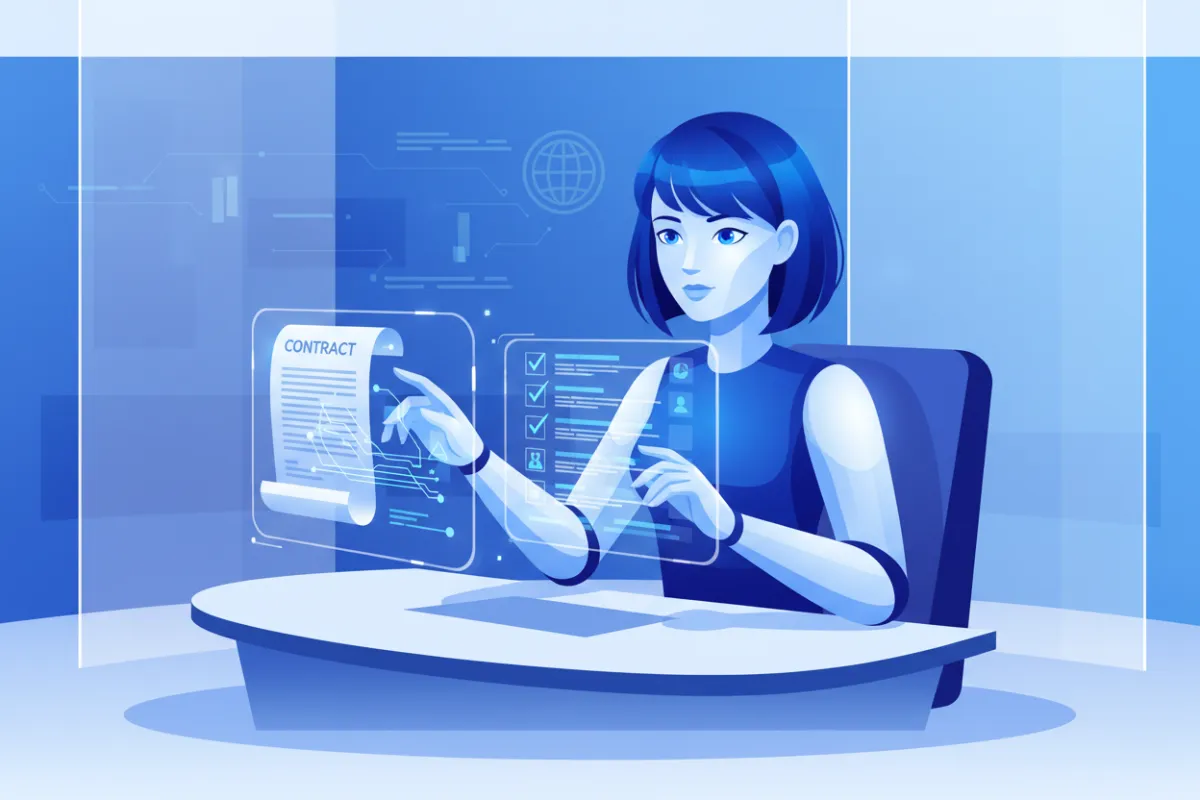 Clean illustration of Linda, an AI legal associate, reviewing digital contracts and compliance checklists in a secure office environment.
