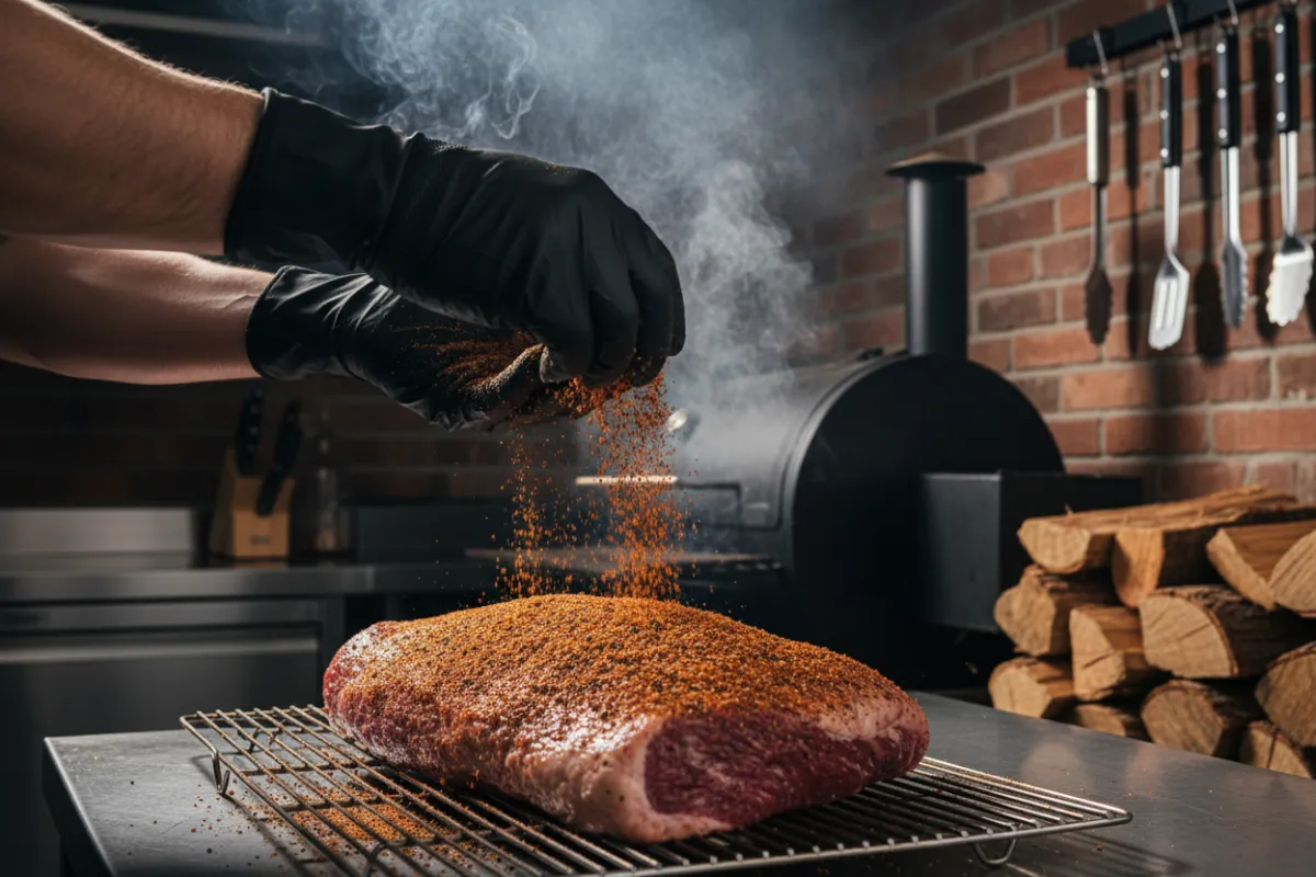A close-up of gloved hands sprinkling a custom spice rub onto a large brisket before placing it in a traditional offset smoker. Wisps of smoke rise, and the background shows stacked wood and barbecue tools in a professional kitchen setting.