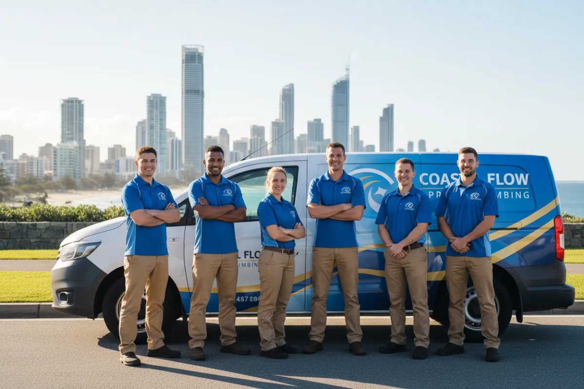 Team of diverse plumbers in branded uniforms standing in front of a Coastal Flow Plumbing van, smiling and confident, with Gold Coast skyline in the background. The image conveys teamwork, local pride, and approachability.