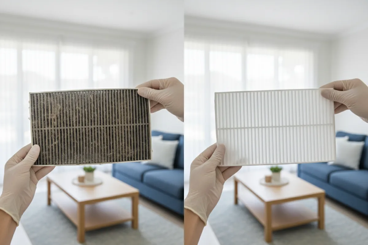 Side-by-side comparison of a dirty, dust-clogged air conditioning filter and a freshly cleaned, spotless filter, both held by a gloved technician in a well-lit, modern Gold Coast home. The background shows a tidy living space with soft blue and white tones.