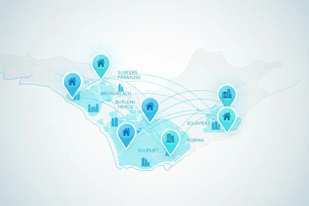 A stylized map of the Gold Coast highlighting key suburbs with blue and teal markers, overlaid on a soft white and grey background. The map is clean, modern, and includes subtle icons for homes and businesses, emphasizing wide service coverage.