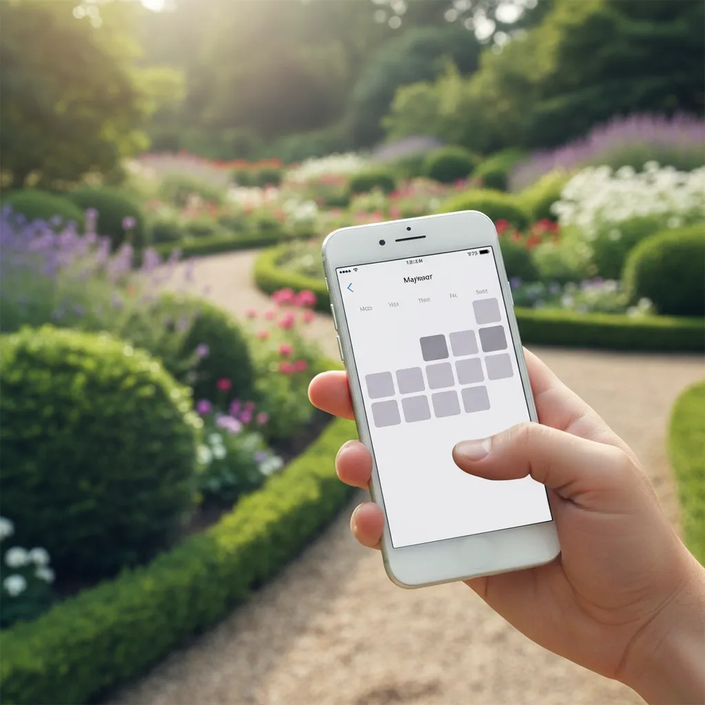 A close-up of a hand holding a smartphone displaying a calendar app, with a landscaped garden visible in the blurred background. The image conveys accessibility and modern communication.