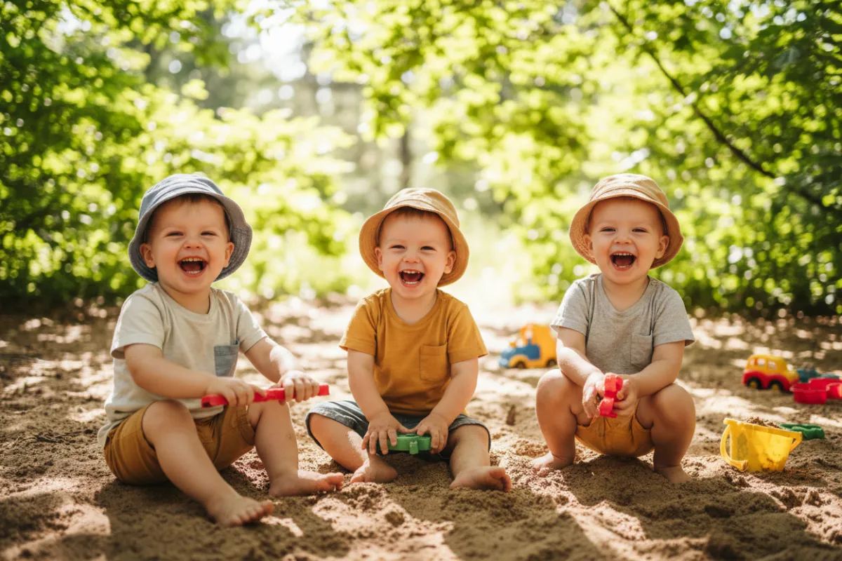 Three toddlers laughing together in a shaded natural sandpit, joyful play and safe environment