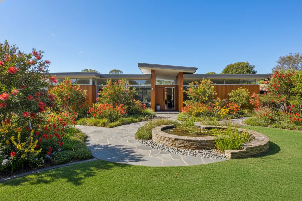 A modern Gold Coast home with a lush, professionally landscaped front yard featuring native plants, stone pathways, and a small water feature. The scene is sunlit, vibrant, and inviting, with a clear blue sky and no people present.