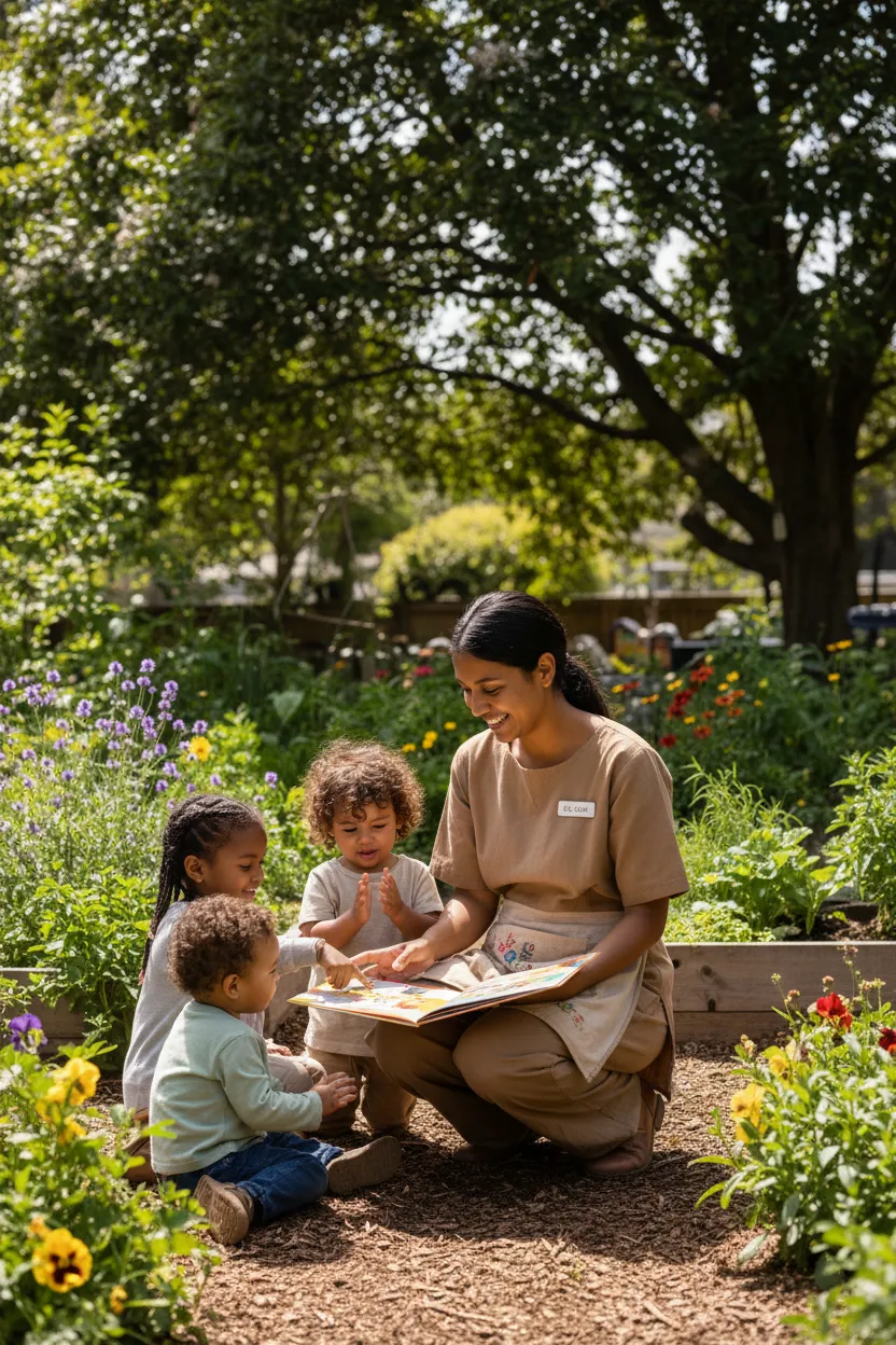 Qualified early childhood educator with children in a garden