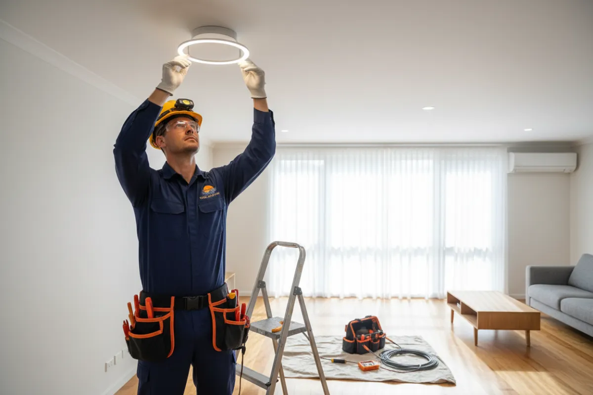 Gold Coast electrician in branded uniform installing a modern LED light fixture in a bright, tidy residential living room, with visible safety equipment and tools, conveying professionalism and trust.