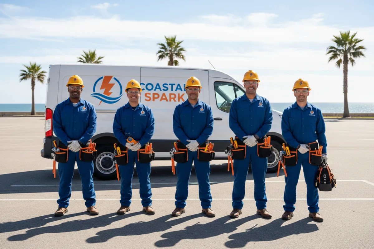 Team of diverse electricians in branded uniforms standing in front of a Coastal Spark van, smiling confidently, with tools and safety gear, in a sunny commercial parking lot.