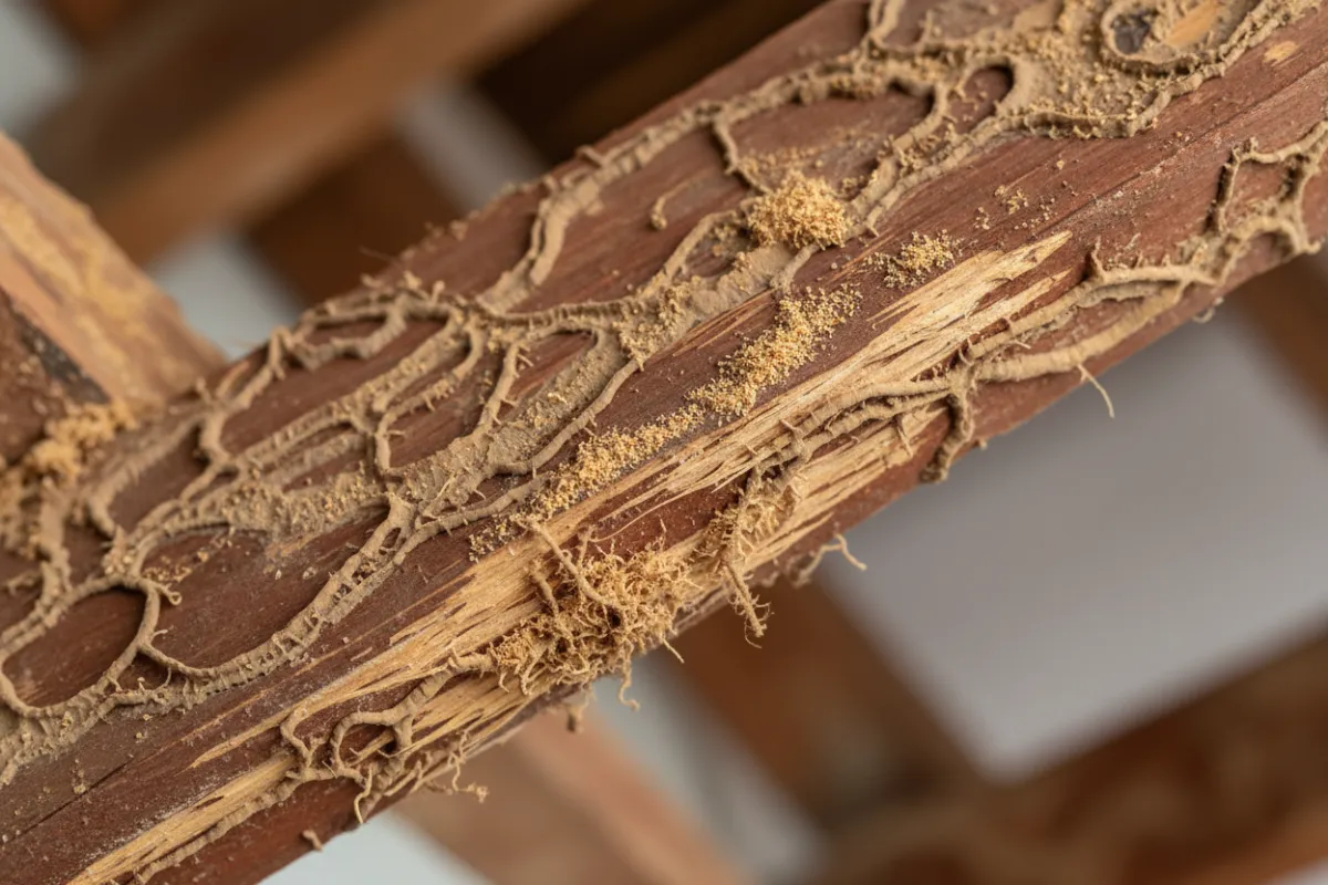 Close-up of severe termite damage to timber beams in a residential home, with visible frass and hollowed wood.