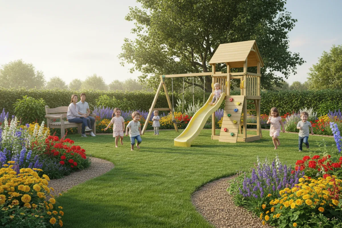 A family-friendly garden with a soft grass lawn, timber play equipment, and colorful flower beds. The setting is lively, safe, and designed for children to play and explore.