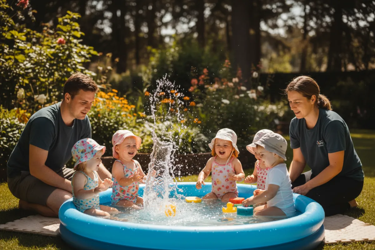 Photo: garden exploration session with children planting seeds and watering plants, close-up of hands and soil.