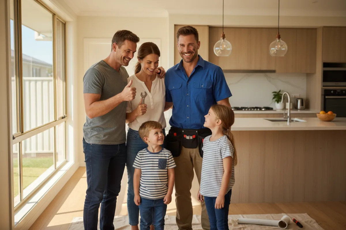 Happy Gold Coast family standing in their kitchen, smiling with a plumber after a successful repair. The atmosphere is warm, relaxed, and shows genuine satisfaction and trust.