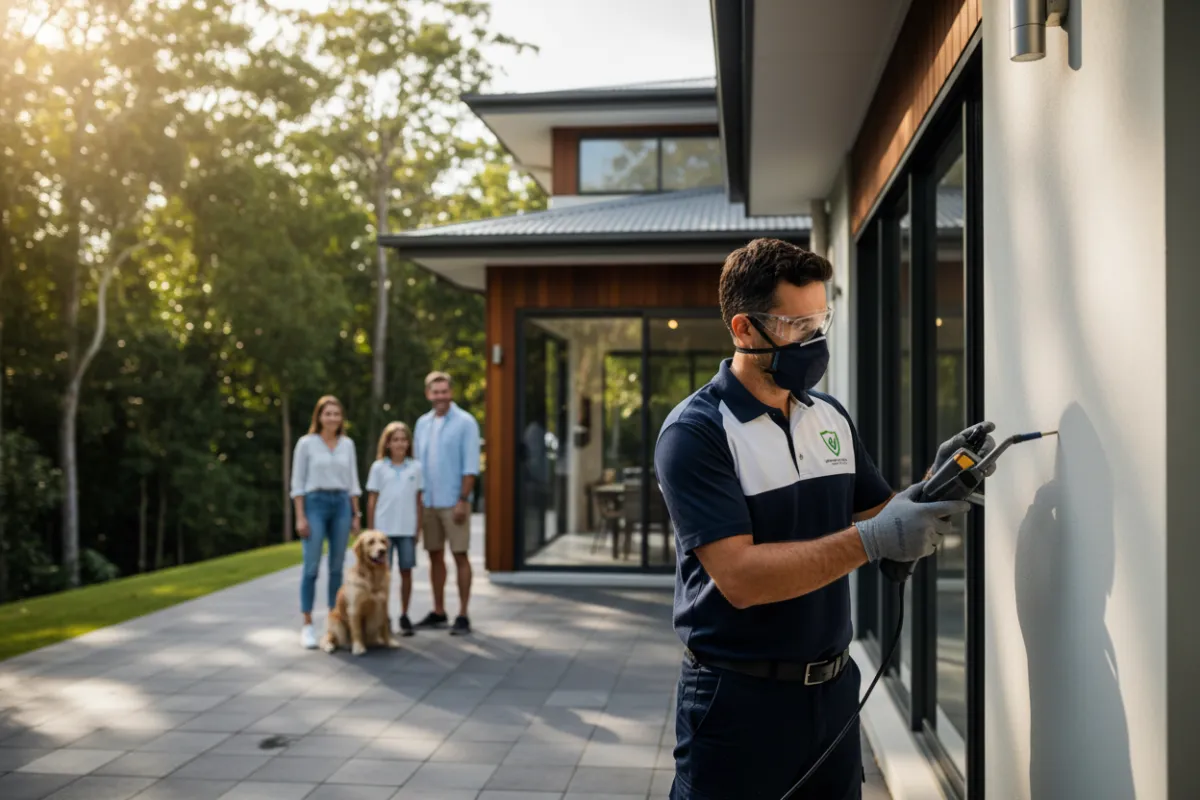A professional pest control technician in branded uniform, using a termite detection tool on a modern Gold Coast home exterior. The technician is focused, with safety gear, and a family with a dog watches from a distance. The background is lush and sunlit, evoking trust and safety.