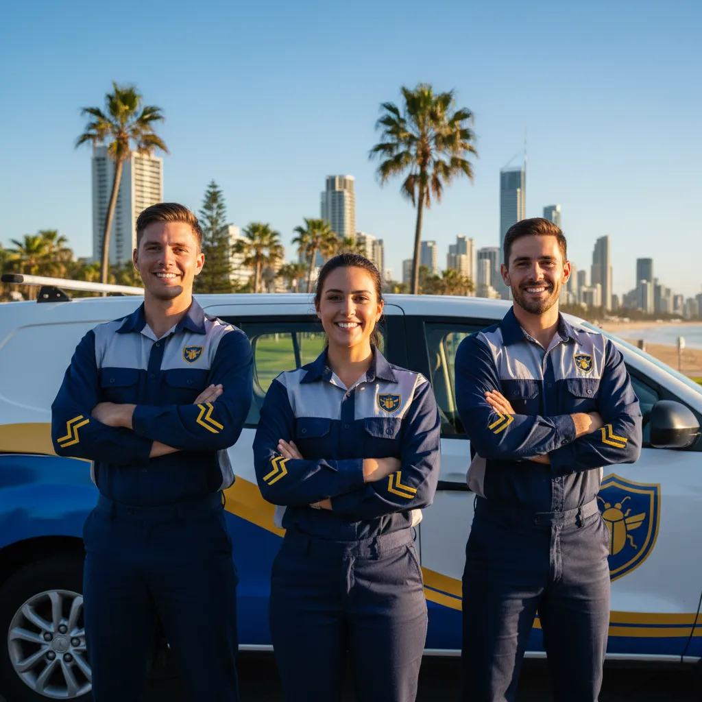 Group portrait of three pest control technicians in branded uniforms, smiling and standing in front of a service vehicle with Gold Coast scenery.