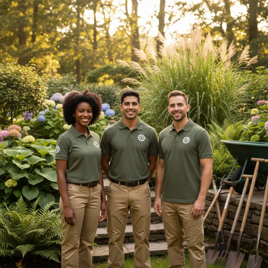 A diverse team of three landscapers, two men and one woman, standing together in branded uniforms, smiling in a sunlit garden with lush greenery and garden tools in the background. The setting is professional and welcoming.
