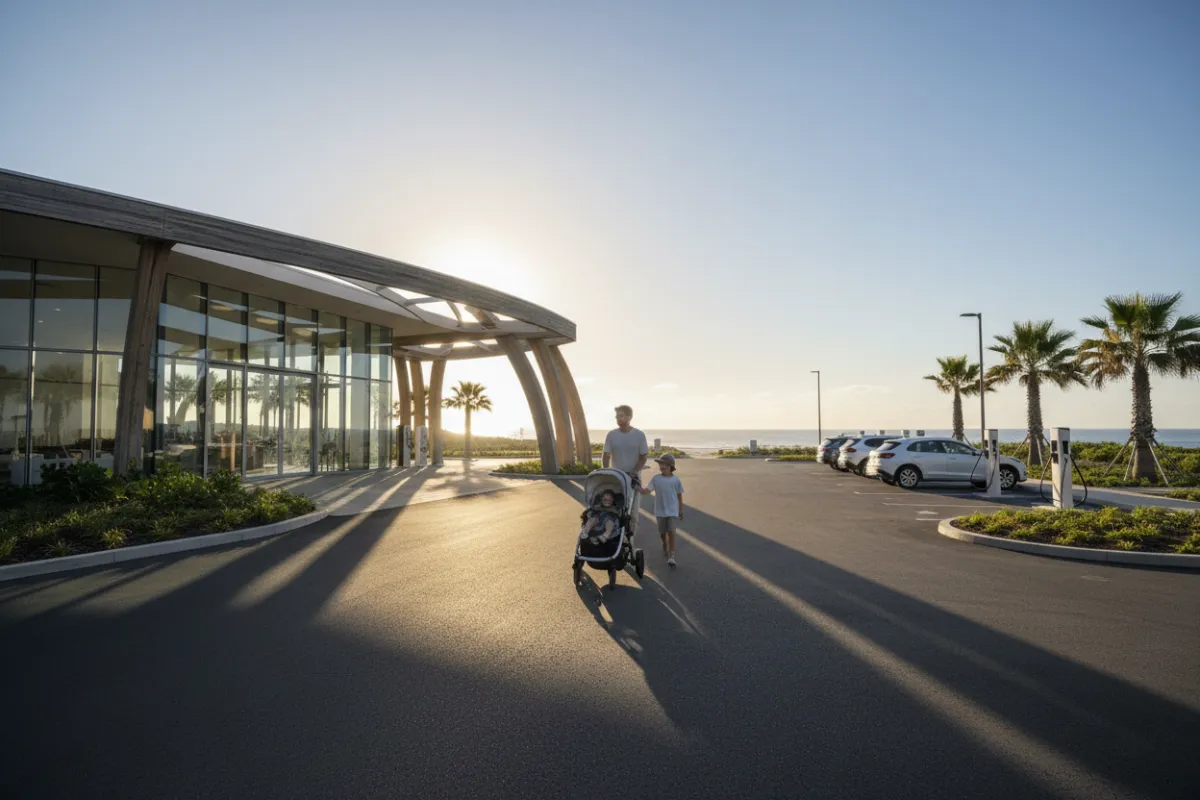 Photo: exterior of centre building with playground and signage, sunny day, families arriving; photorealistic.