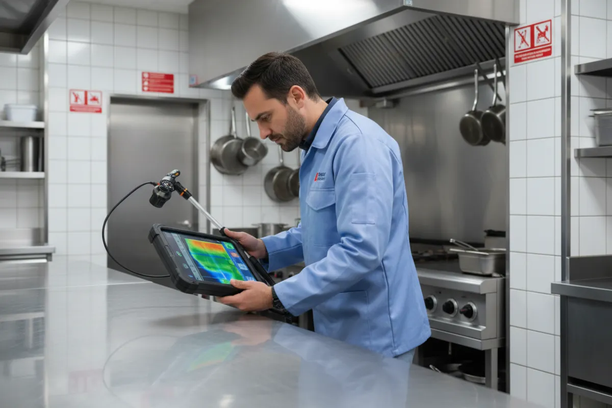 Pest control technician using advanced equipment in a commercial kitchen, with visible safety signage and stainless steel surfaces.